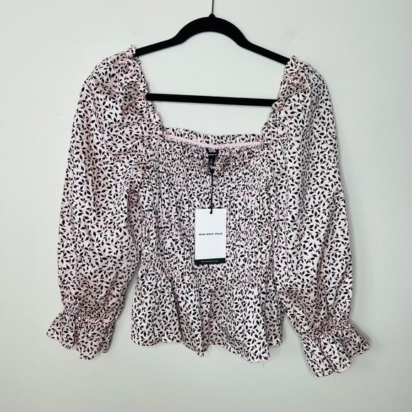 NWT Who‎ What Wear Pink Mini Leaves Smocked Puff-Sleeve Peplum Top Size S - Picture 1 of 11